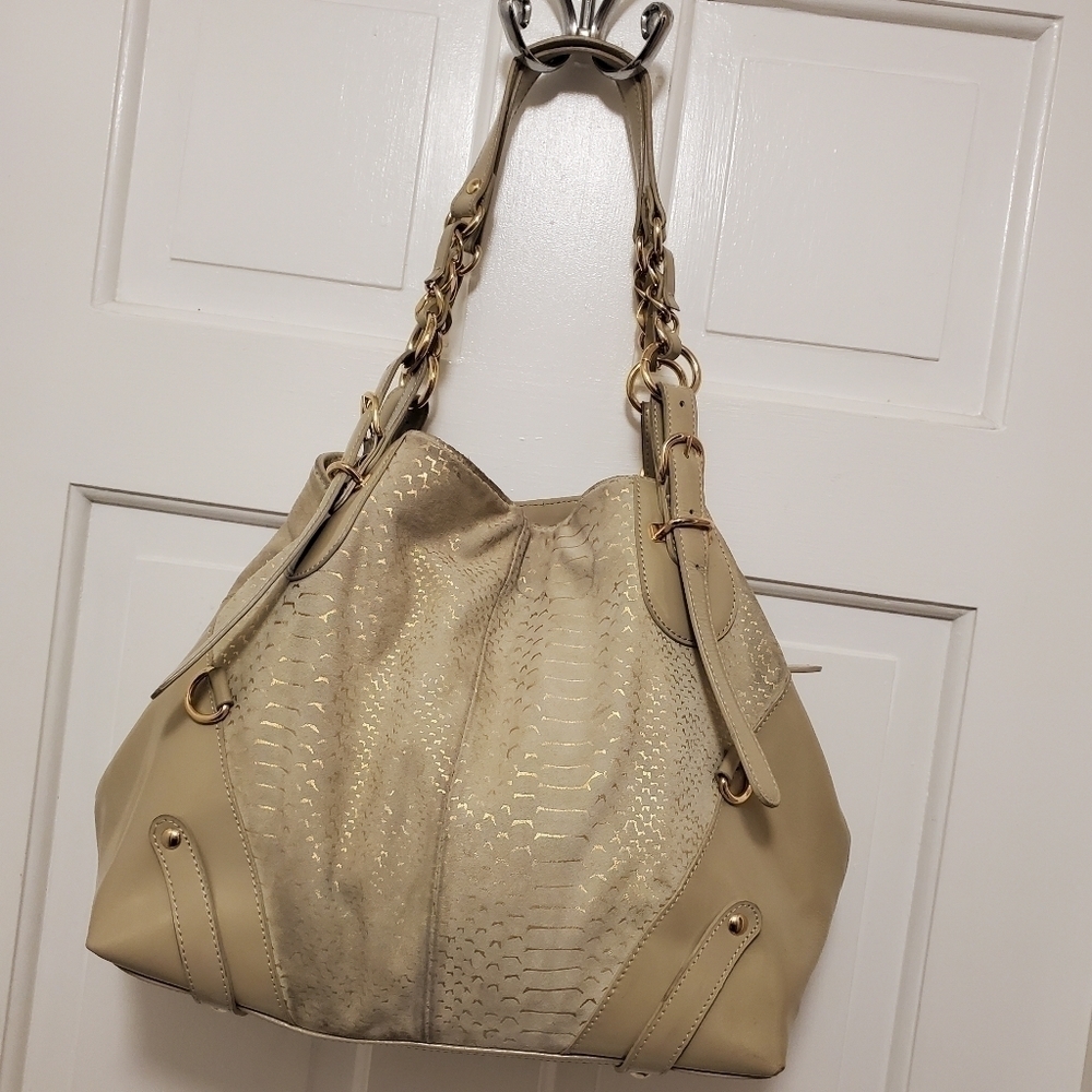Adrienne Vittadini Beige and goldtone Tote Patent Leather/Suede Combo